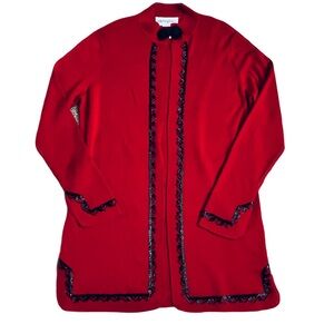 Bloomingdale’s Red Wool Cardigan w/ Black Beaded Trim Detail, Sz. M, Wool